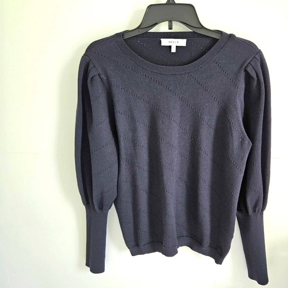 Milly Navy Blue Diagonal Pointelle Sweater